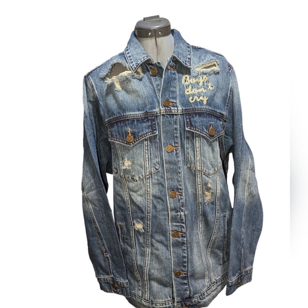 Free People Sandrine Rose‎ Boys don't cry glitter distressed Jean jacket 🆕